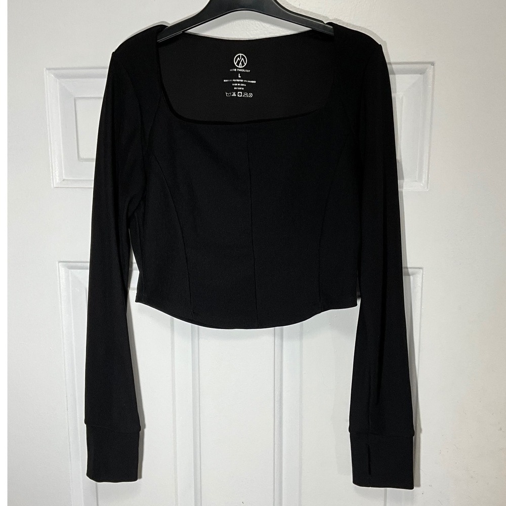 Move Theology Black Ribbed Long Sleeve Crop Top Square Neck Thumbholes Large